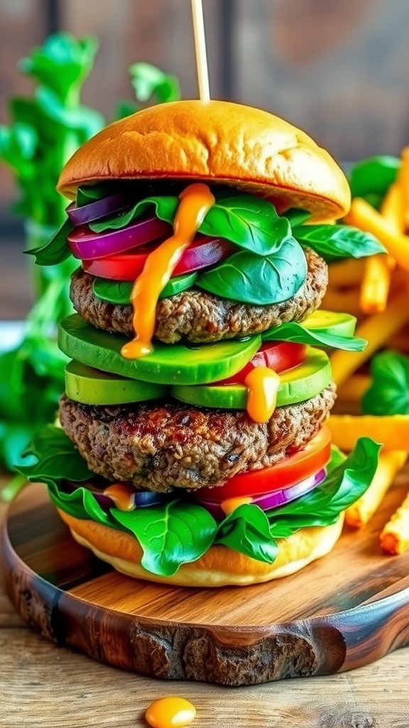 Gourmet burger with beef patty, avocado, spinach, and tomato on a wooden board with fries.
